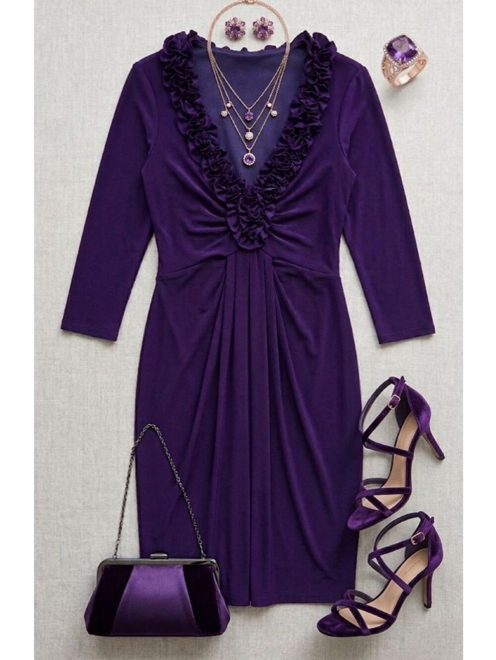 💜EUC Maggy London Deep Purple Dress with Ruffles & Pleats, Size 6